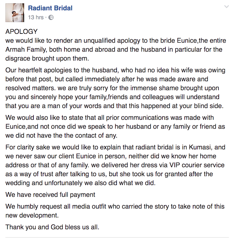 Radiant Bridal Apologizes to Bride They Shamed On Facebook for Not Paying for Her Wedding Gown –And I Think They Shouldn't Have Apologized!